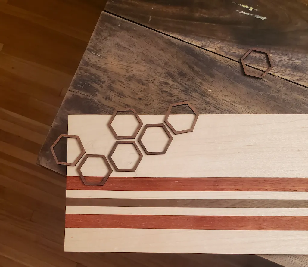 In-progress cheesboard inlay, walnut and maple