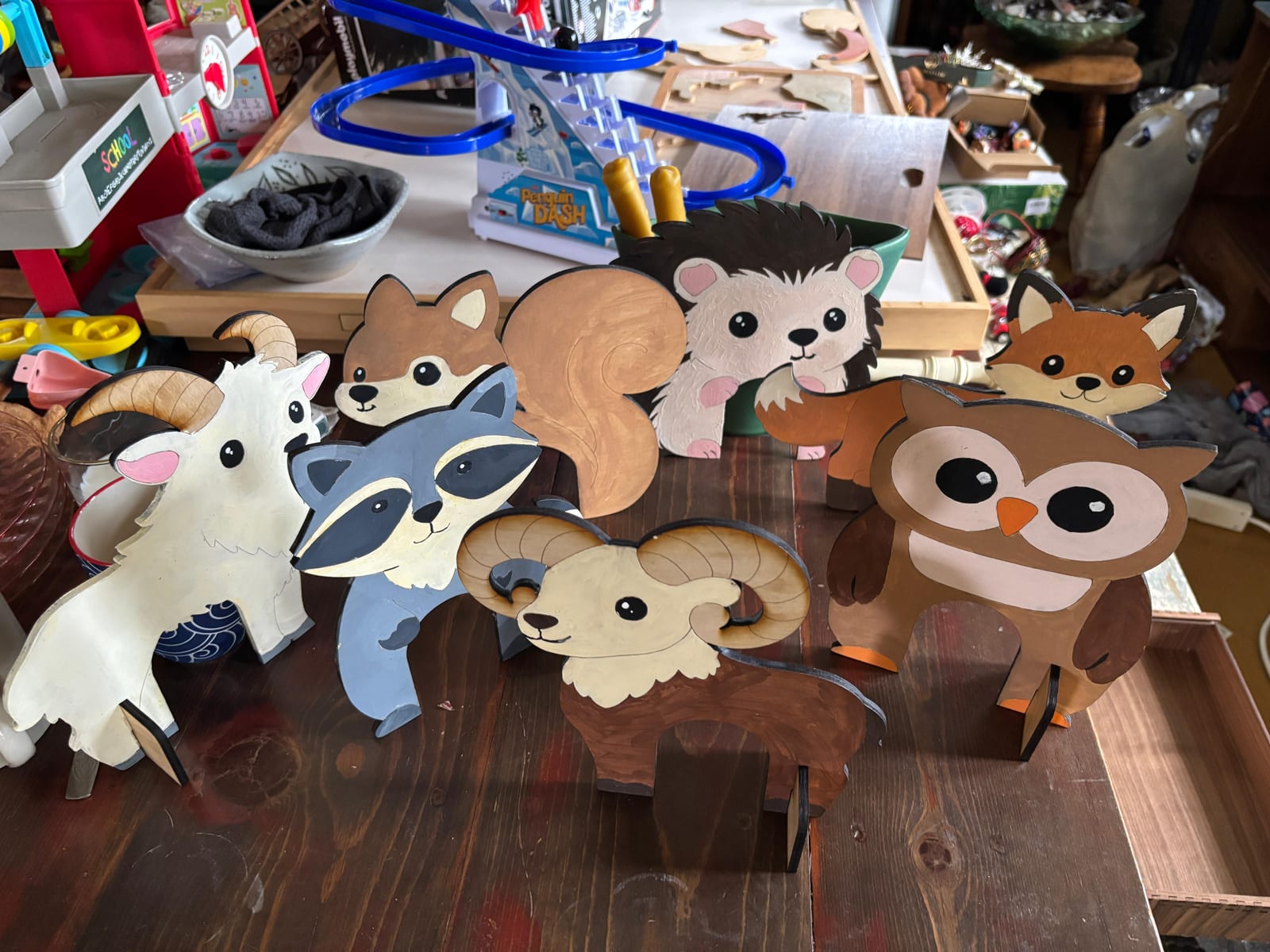 Laser-cut woodland animal toys, painted plywood